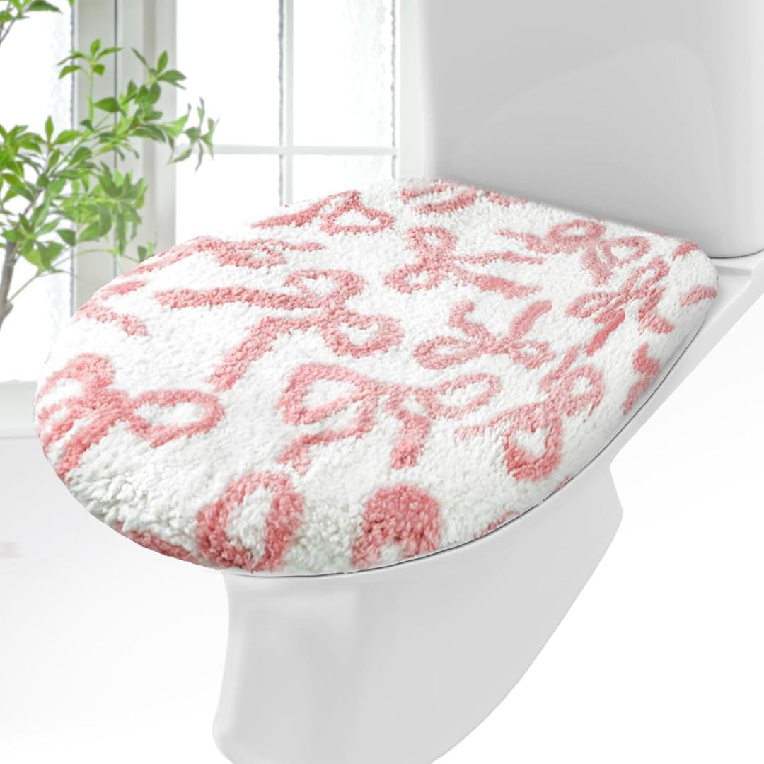 Pink Bow Toilet Lid Cover Washable Coquette Cute Plush Toilet Cover for Bathroom Decor Soft Microfiber 17.5 x 15 Inch Non Slip Rubber Backing Fits Most Round, Elongated, Pink
