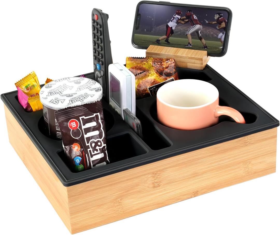 Couch Cup Holder Tray, Hitseon Silicone Bamboo Couch Caddy with Rotatable Phone Holder for Bed Car Seat Organizer, Waterproof Anti-Spill Couch Drink Holder for Snacks Beverage Remote (Black)