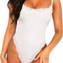 Navneet Women Sexy Lace Bodysuit Lace Trim High Cut Thong Spaghetti Strap Cami Bodysuit Going Out Tank Tops Body Suit (Large, White)