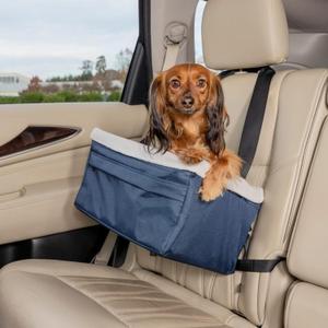 PetSafe Happy Ride Booster Seat  Raised Dog Travel Seat  Installs on Car Seats with a Headrest  Safety Tether  Machine Washable  Folds Flat for Storage, Navy, 12 lb