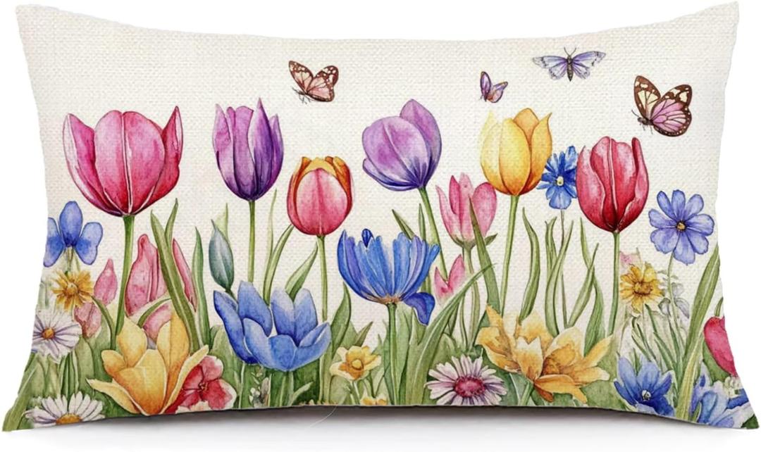 AOFANGGO Spring Pillow Cover 12x20 Inch Tulips Throw Pillow Cover Seasonal Floral Pillowcase Flowers Decorations for Living Room Outdoor Farmhouse Cushion Case