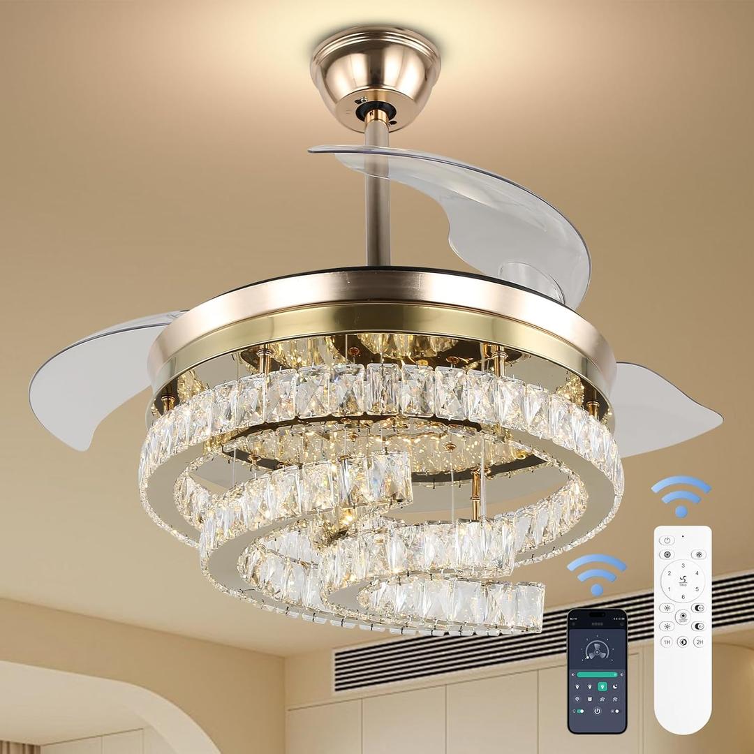 42'' Dimmable Ceiling Fan with Light and Remote Crystal Modern Chandelier Fan Retractable Fandelier with Memory, Silent Motor, 6 Speed, 3 Color Change, Timer Function(Gold)