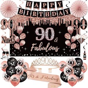 90th Birthday Decorations for Women, 33pcs 90th Crown and Sash, Black Rose Gold Happy 90th Birthday Banner Balloons Backdrop Hanging Swirls Paper Fans, 90 Years Old Bady Decorations Kit
