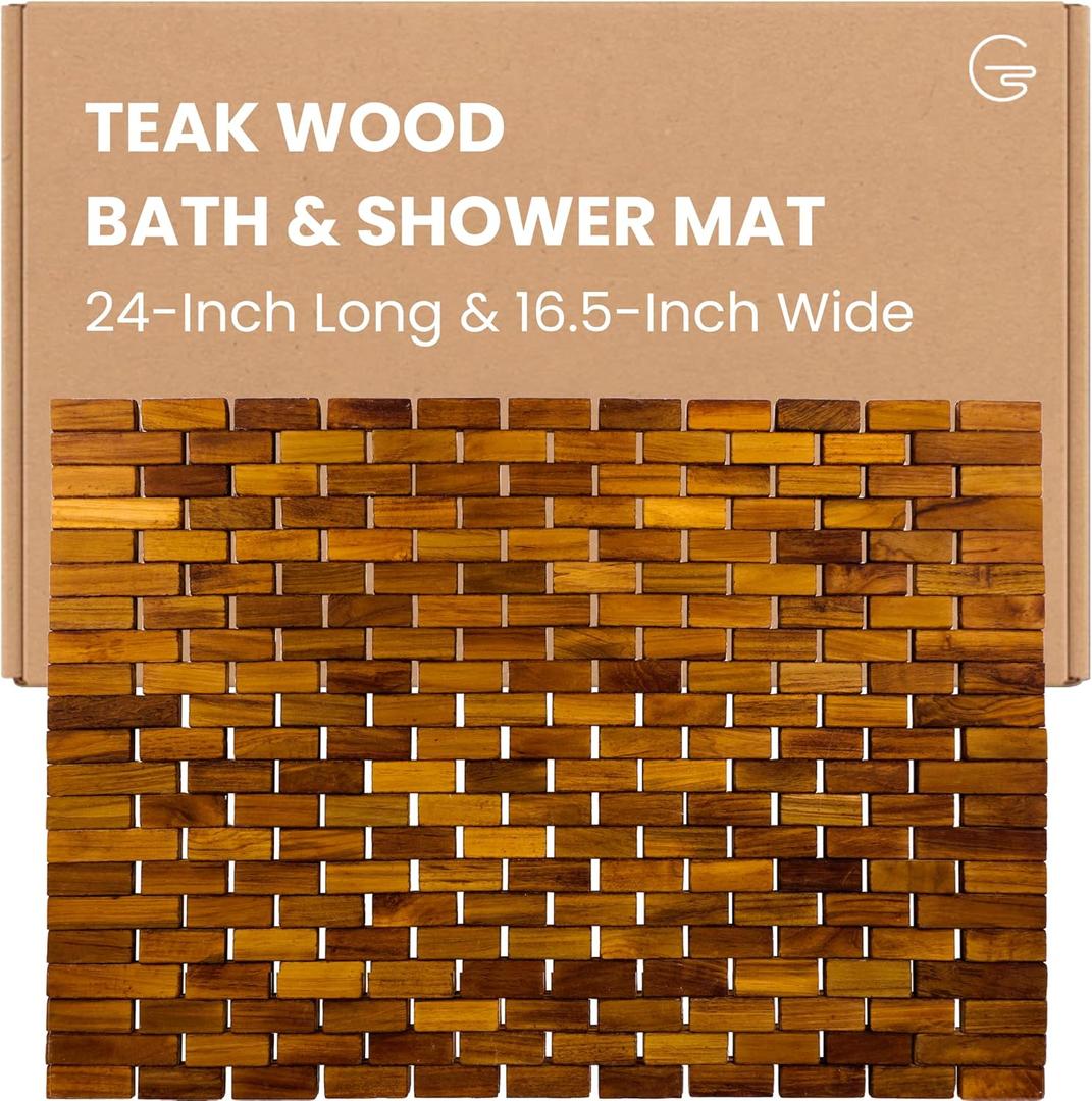 Teak Bath Mat & Shower Mat (24" x 16.5") | Wooden Flooring for Bathtub & Bathroom | Foldable & Non Slip Wood Bathmat