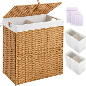 Greenstell Laundry Hamper with lid, No Install Needed, 110L Wicker Laundry Baskets Foldable 2 Removable Liner Bags, 2 Section Clothes Hamper Handwoven Rattan Laundry Basket with Handles, Natural