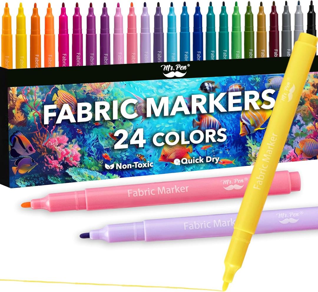 Mr. Pen Fabric Markers, 24 Pack, Colorful, Fabric Markers Permanent for Clothes for TShirts, Bags, Textile, Canvas
