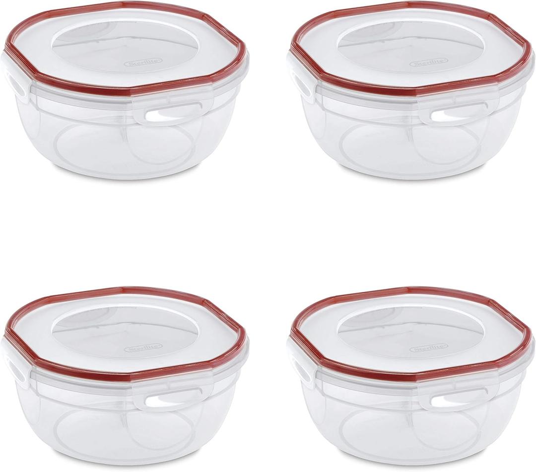 Sterilite Ultra-Seal 2.5 Qt Bowl, Airtight Food Storage Container, Plastic, Latching Lid, Microwave and Dishwasher Safe, Clear With Red Gasket, 4-Pack