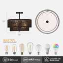 Modern Black Linen Drum Semi Flush Mount Ceiling Light with Pierced Design, Perfect Lighting Fixture for Bedroom, Dining Room, Kitchen, Living Room, or Hallway Chandelier Lamp