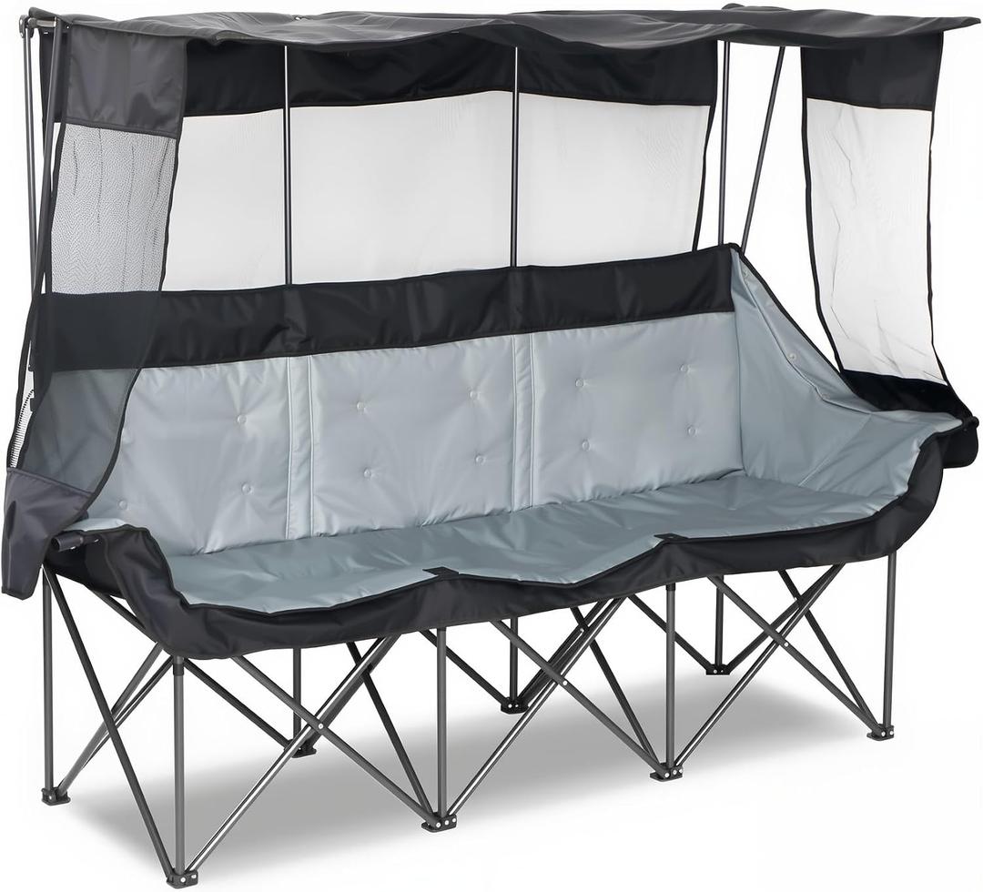 Oversized 3 Person Camping Chair with Canopy Shade Fully Padded Outdoor Folding Camping Chair Suitable For Outdoor Camping, Lawns, And Backyards Equipped With Cup Holders And A Portable Storage Bag