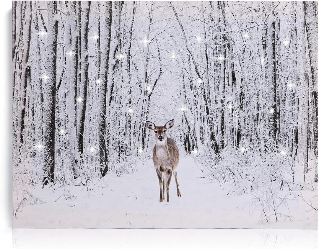 NIKKY HOME 16" x 12" LED Lighted Canvas Wall Art Prints Light Up Deer Walking in the Forest Picture Winter Scene Artwork for Holiday Decor