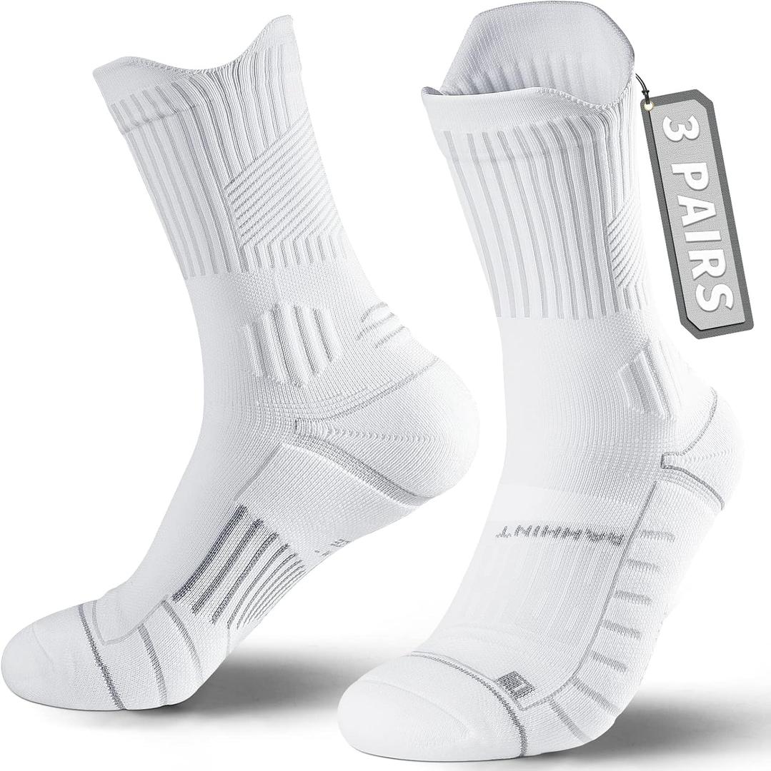 Compression Running Socks 3 Pairs, Cushion Crew Socks, Anti-Blister Moisture Wicking Athletic Hiking Basketball Socks (White) 6-9