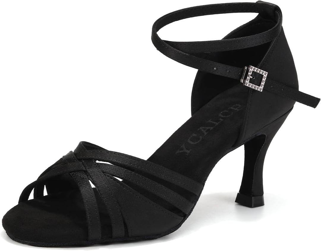 YCALCP Women Latin Dance Shoes Open Toe Satin Professional Salsa Bachata Performance Ballroom Dancing Shoes, L3049-Black, US 9