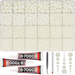 16500Pcs Ivory Flatback Pearls Beads for Crafting, 2-10mm Mixed Sizes Beige Glue On Half Pearls Rhinestones Gems with B7000 Glue for Crafts Bedazzling Shoes Clothes and More