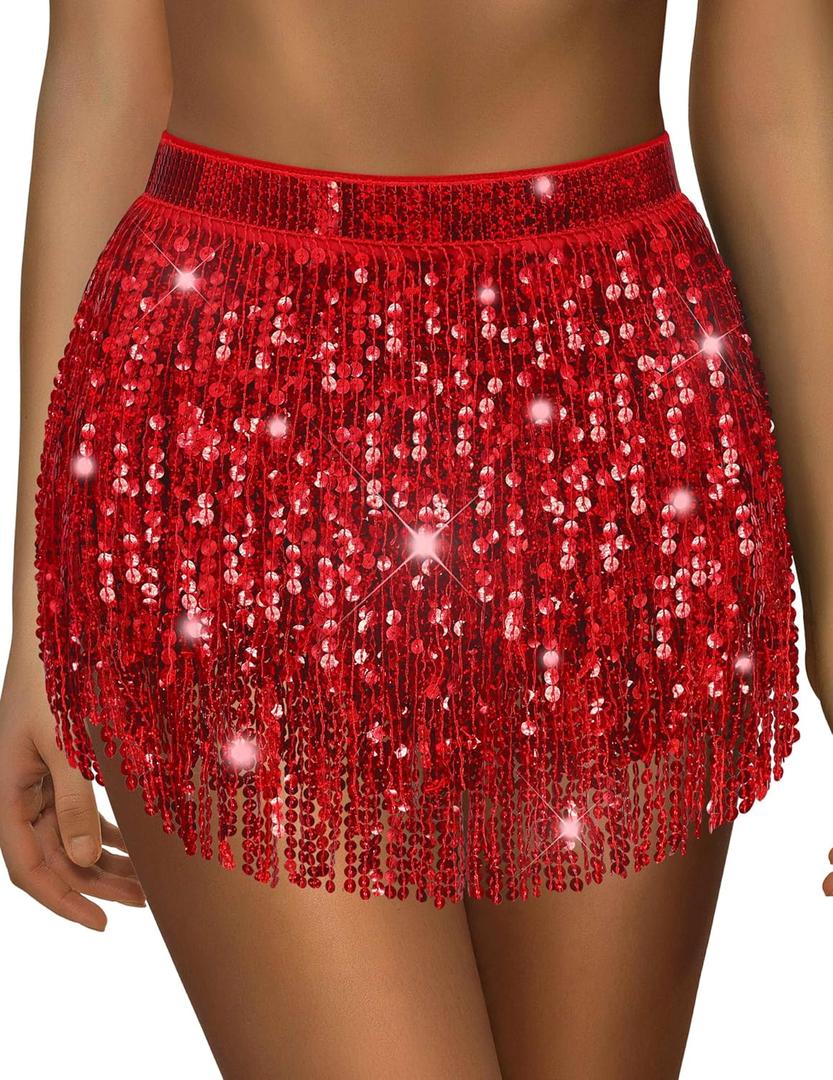 Sequin Skirt Sparkly Skirt Belly Dance Skirt Glitter Skirt Rave Sparkle Skirt Sequin Tassel Skirt Fringe Hip Scarf Women (Red)