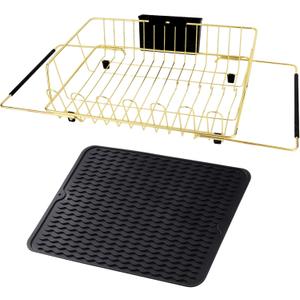 Golden Expandable Dish Drying Rack with Silicone Drying Mat-Extra Large Stainless Steel Dish Drainer Over The Sink with Utensil Holder, Applicable for Sink Width 16'-22' (Gold,23.2'*12.2')