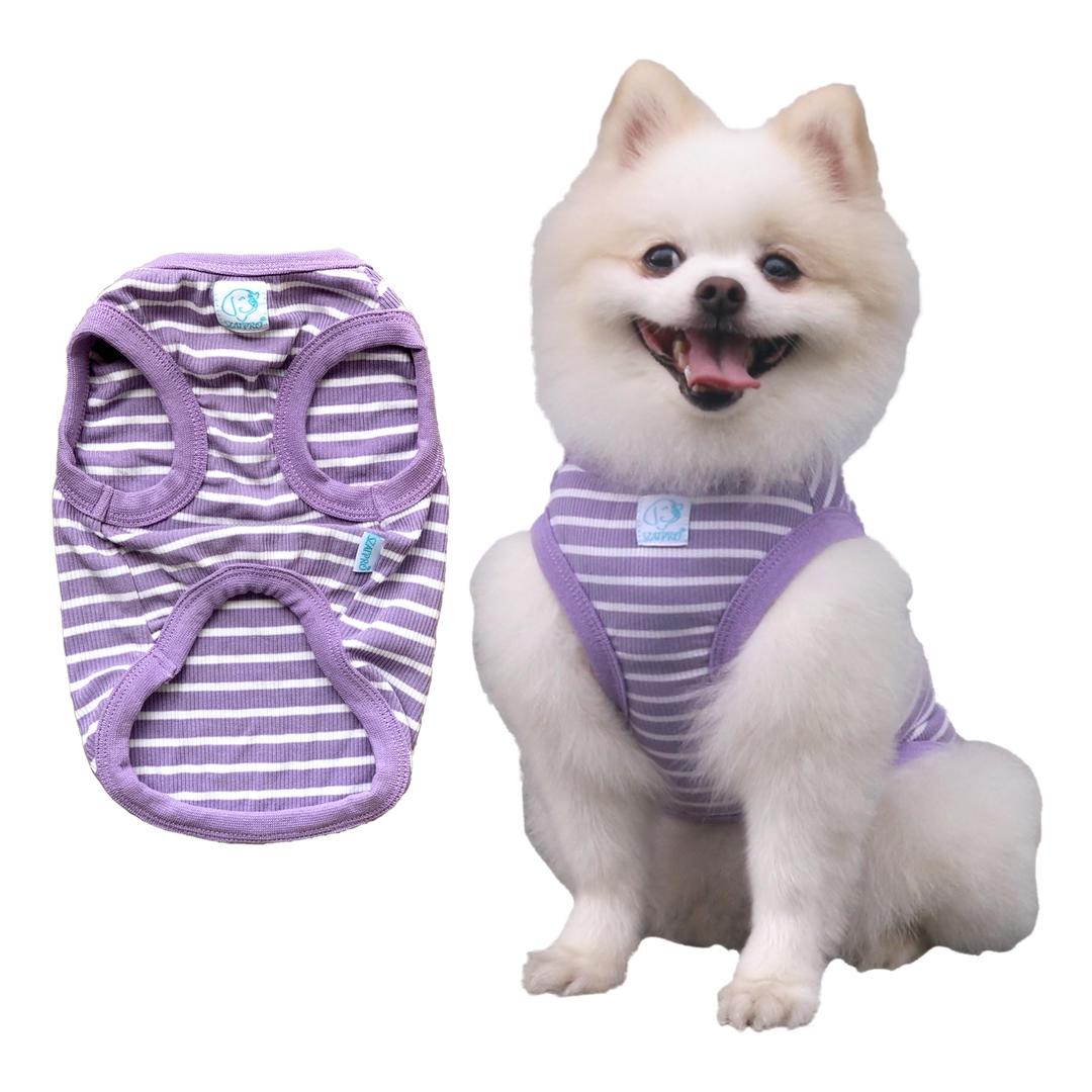 SZAT PRO Classic Striped Teacup Pet Dog T-Shirts, 100% Cotton Tank Vest for Small Dogs, Sleeveless Puppy Clothes for Chihuahua Yorkie Purple, Small