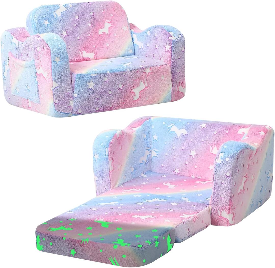 MeMoreCool Glowing Rainbow Unicorn Kids Chair - Convertible 2-in-1 Fold-Out Kids Couch for Girls, Glow-in-the-Dark Plush Sofa with Washable Cover, Soft Foam Lounge Seat for Playroom and Reading | Relaxing,Gift Giving