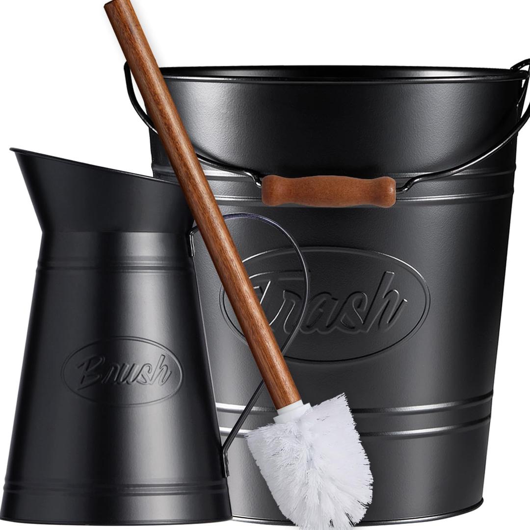 Set 2, Farmhouse Bathroom Trash Can and Toilet Brush Set, Rustic Bathroom Accessories, Primitive Western Country Bathroom Decor, Galvanized Vintage Toilet Bowl Brush with Holder (Black)