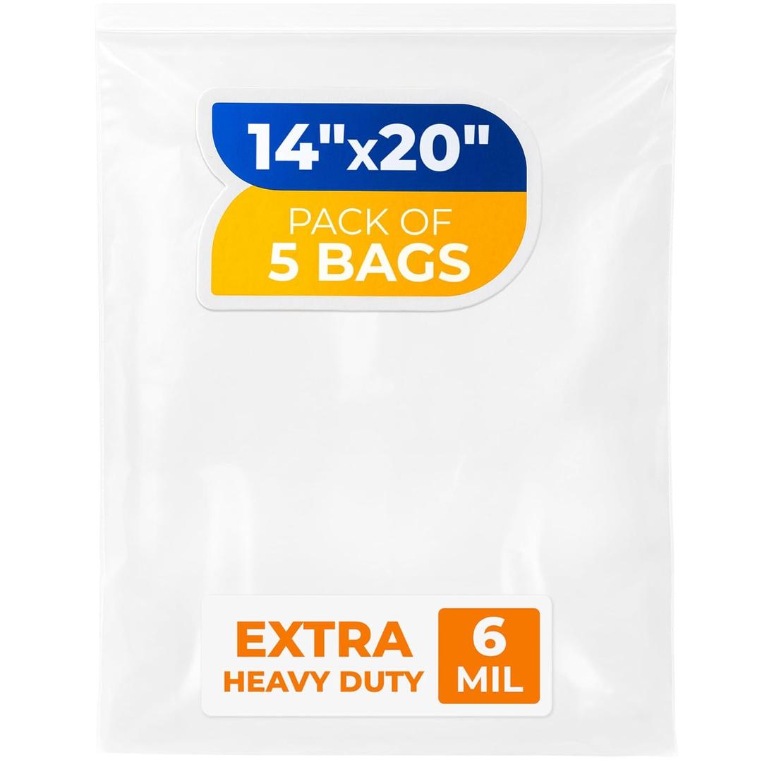 14" x 20" Large Zip Seal Lock Bags, 6 Mil (Pack of 5)  Heavy-Duty Reclosable Plastic Bags  Clear, Resealable, Waterproof  For Storing and Organizing Clothes, Jewelry, and Travel Items