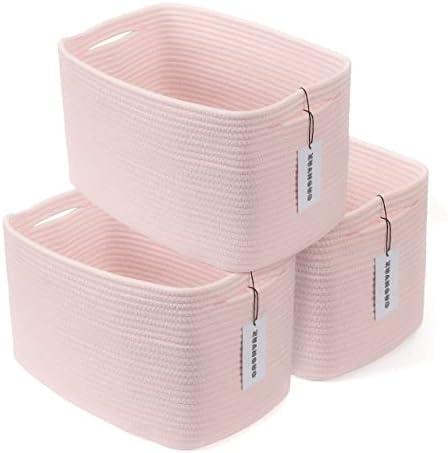 XUANGUO Cotton Rope storage Basket Bins Woven Basket for Organizing Shelves Rectangle Decorative Baskets For storage Clothes Toys Books Towels Square Wicker Nursery basket organizer 3 pack light pink