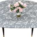 LIBERECOO Oval Fitted Vinyl Tablecloth with Flannel Backing - Fits 48 x 68 Inch Oval Table - Gray Geometric Pattern - Elastic Edged for Secure Fit, Waterproof Wipeable Plastic Table Cover (Grey Leaves)