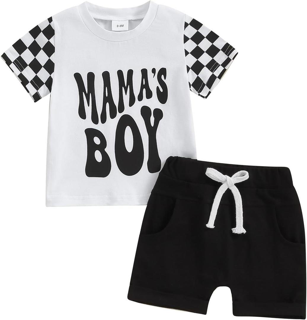 Toddler Baby Boy Summer Clothes Mamas Boy Checkerboard T-Shirts Tops and Elastic Shorts Sets Newborn Infant Clothes (12-18 Months)