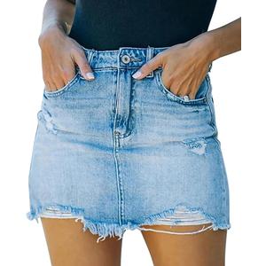 GOBLES Women's Sexy Mid Waist Zipper Closure Frayed Raw Hem Ripped Mini Denim Skirts (XX-Large, Blue)
