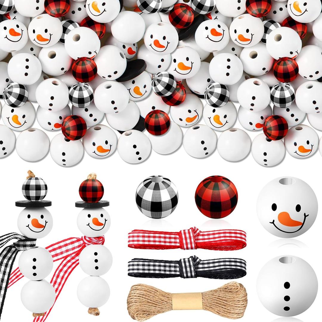 Landical 180 Piece DIY Christmas Snowman Wooden Bead Crafts Christmas DIY Ornaments Red Black Buffalo Plaid Wood Round Bead Xmas Print Wooden Beads with Twine Scarf for Crafts (Classic Color)