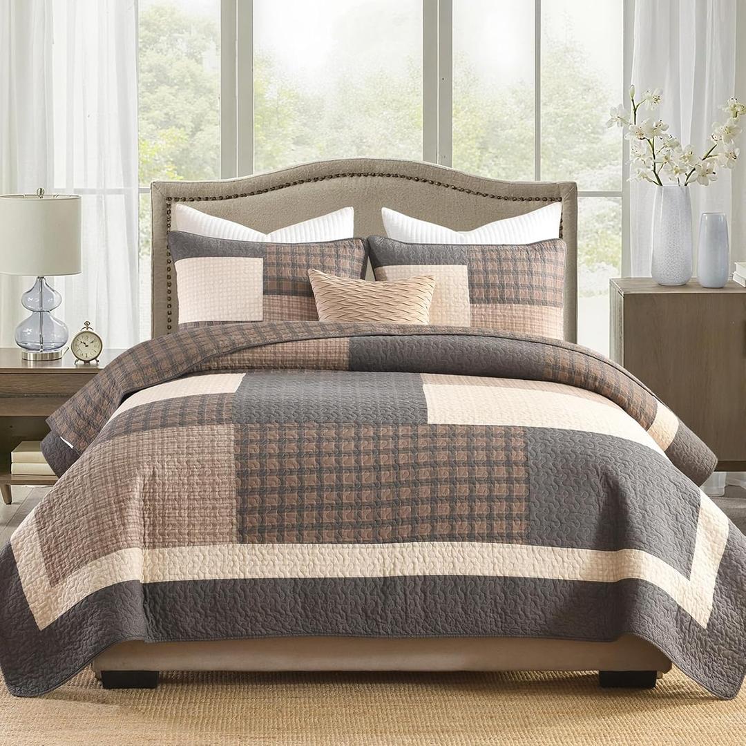 Finlonte 100% Cotton King Size Quilt, King Comforter with Pillow Shams, Farmhouse Plaid Quilted Bedspread, Lightweight Soft Quilt Bedding Set, Brown/Beige/Gray (King (98"x106"))