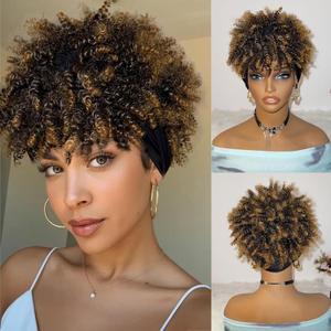 Afro Headband Wig Kinky Curly Headband Wig with Bangs Blonde Head-Wrap Wigs 2 in 1 Ombre Afro Puff Wig With Bangs for Women Synthetic Half Wigs (Heibu-Omber Blonde)