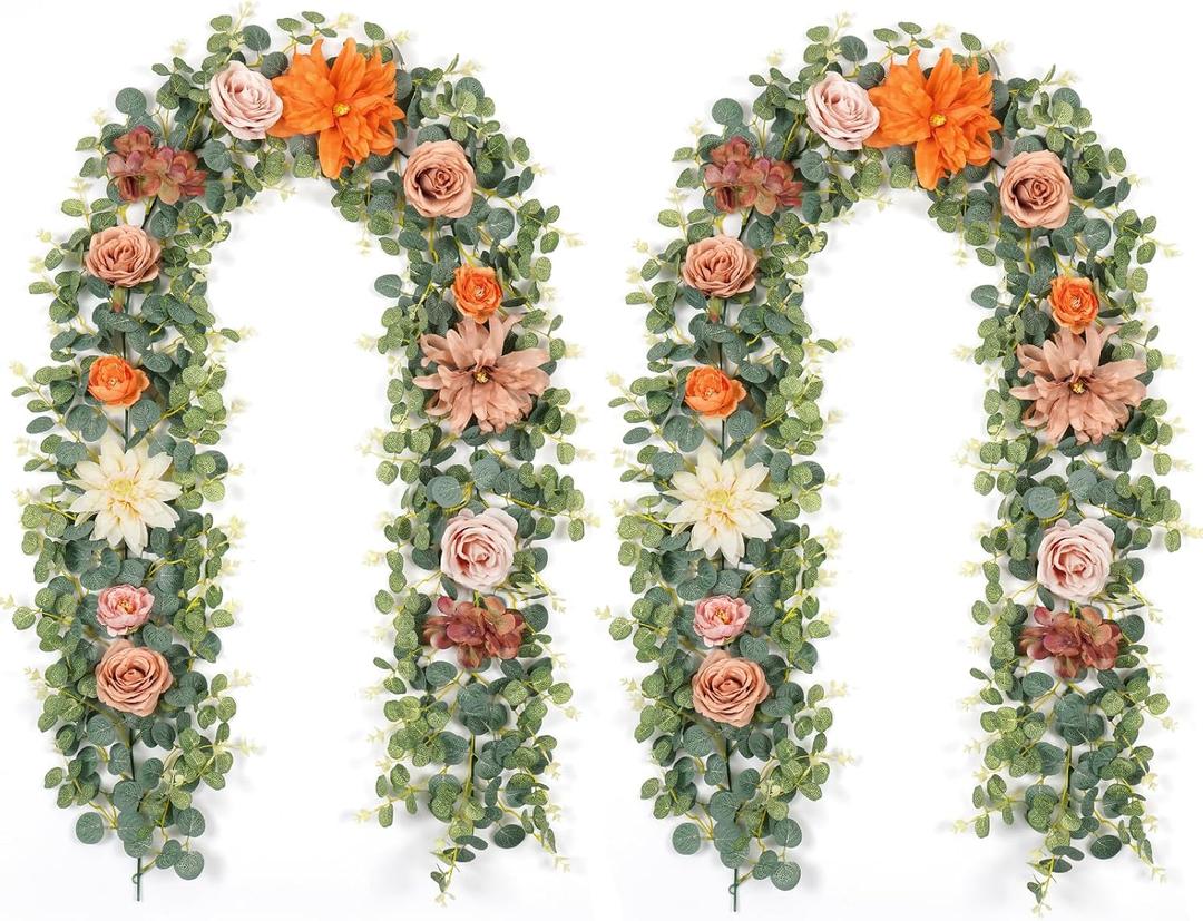 Waipfaru 2Pcs Fall Garland Decor, 6.07Ft Eucalyptus Flower for Table, Fall Floral With Terracotta Flowers for Wedding Arch Backdrop Wall Thanksgiving Decorations (Terracotta)