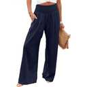 LOFBAZ Women Summer Flowy Cotton Linen Palazzo Wide Leg Pants Beach High Waisted Trousers Boho Long Lounge Pant with Pockets (Large, Navy Blue)