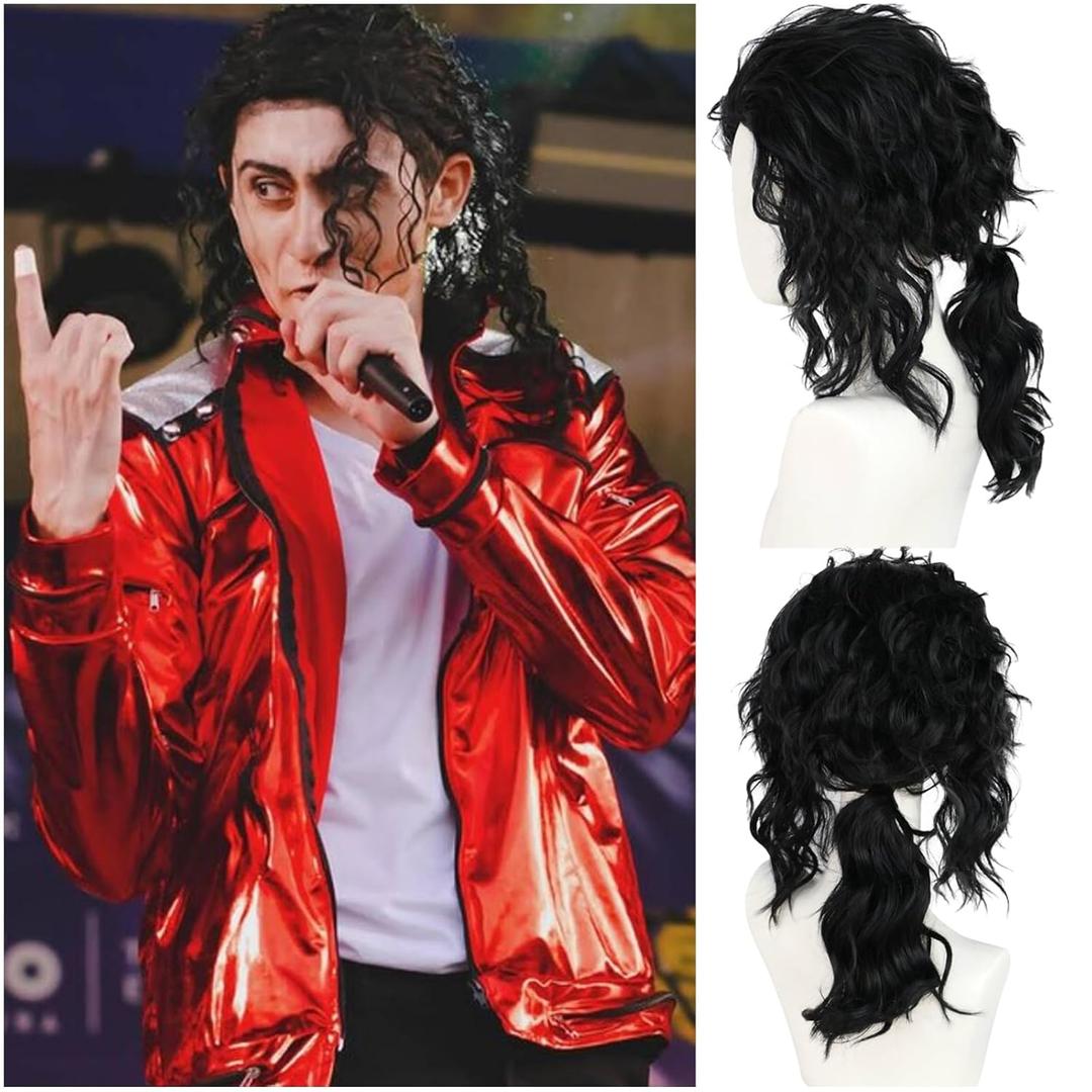 Mens Black Mullet Wig Long Curly Black Wig 70s 80s Rocker Star Punk Hair Heat Resistant Synthetic Cosplay Costume Party