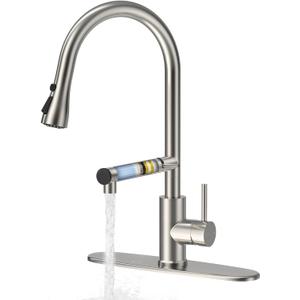 FEELSO Kitchen Faucets, Upgraded Filter Water Kitchen Faucet with Pull Down Sprayer, Brushed Nickel Stainless Steel High Arc 1 Or 3 Hole Kitchen Sink Faucet for Remove Chorine, Harmful Substances