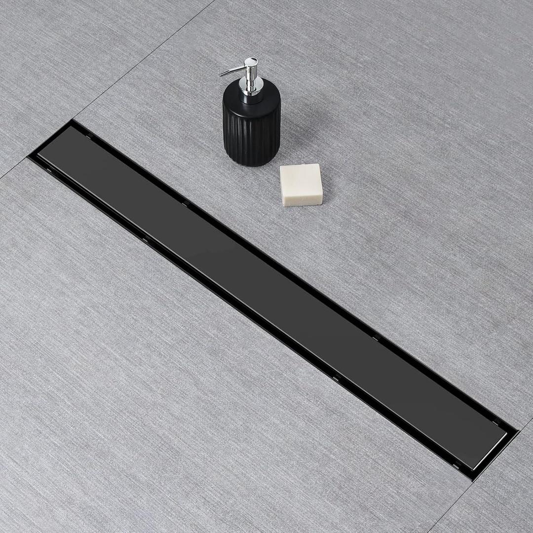 SaniteModar Linear Shower Drain,Black Shower Drain 60 inch with Flat and Tile Insert 2 in 1 Panel, with Hair Strainer and Leveling Feet