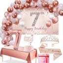 Trgowaul 7th Birthday Decorative Balloon Set Girls Arch, Rose Gold 7th Birthday Banner and Party Tablecloth, Belt and Tiara, Pink Gold 7th Balloon, Pink Birthday Cake Top, Latex Balloon * 60