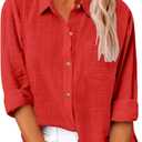 Gauze Tops for Women' Loose Fit Cotton Linen Long Sleeve Top Button Down Casual Collared Blouses with Chest Pocket (XL)