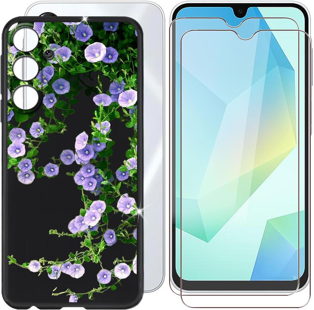 Cover for Samsung Galaxy A16 (6.70") + Screen Protector(2 Pack), Ultra Thin Silicone Cover Shockproof Bumper Anti-Scratch Protective Case + Tempered Glass - Purple Flowers