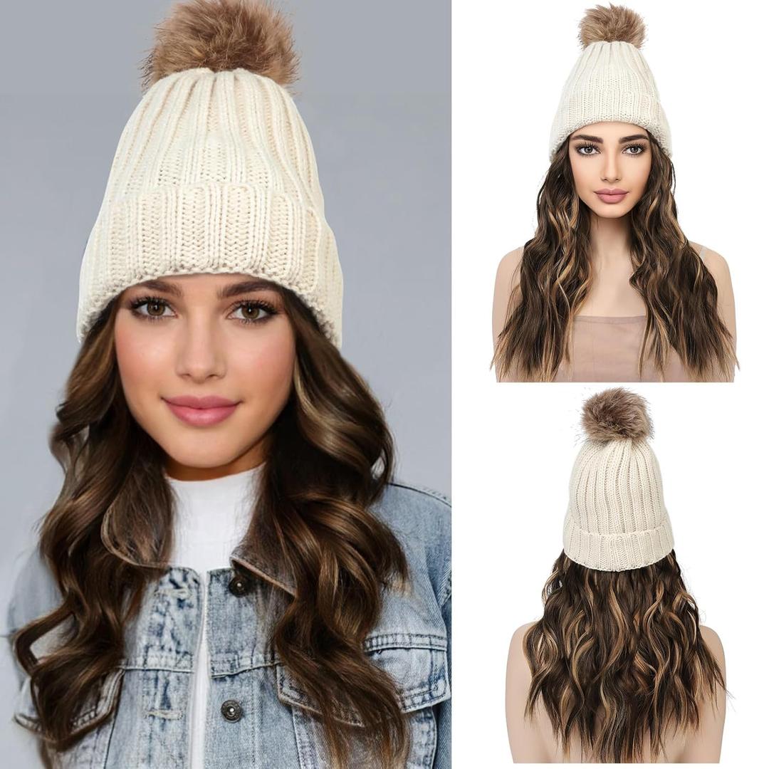 REECHO Beanie Wig With 12" Beach Wavy Hair Extensions - Warm Knitted Hat With Synthetic Hairpiece for Women - Beige Beanie, Dark Brown With Highlights