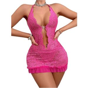 SOLY HUX Lingerie for Women Deep V Neck Floral Lace Babydoll Thongs Set Halter Chemise Nightwear Hot Pink Large