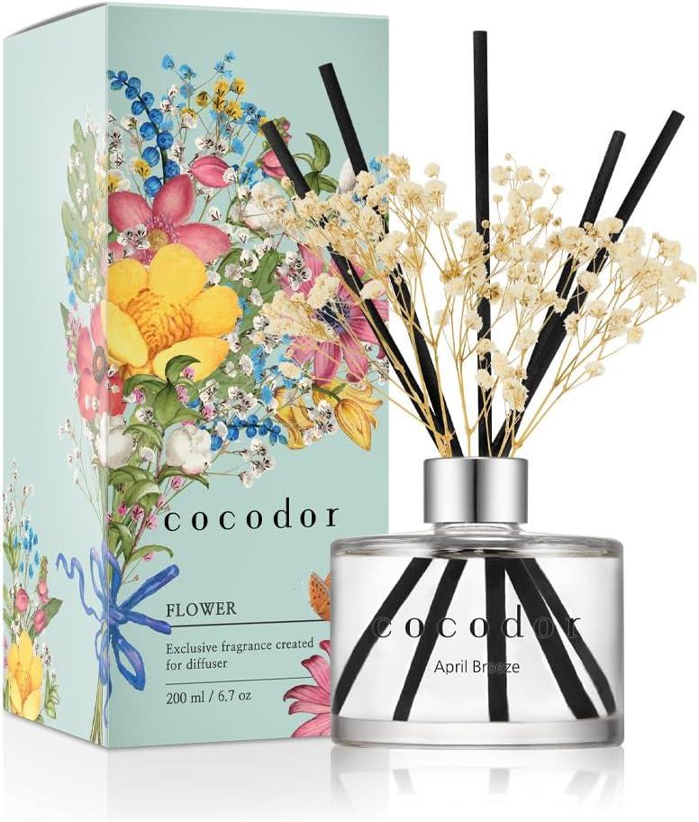 COCODOR Reed Diffuser Set with Preserved Baby's Breath with Sticks/April Breeze / 6.7oz / Scent Fragrance Oil Diffuser for Bedroom Bathroom Home Decor (Real Flower/6.7Ounce/1Pack)
