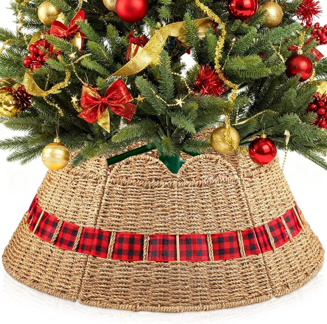 Christmas Tree Collar 24 Inch Large Woven Christmas Tree Skirt Rustic Seagrass Xmas Stand Base Cover for Holiday Home Decoration