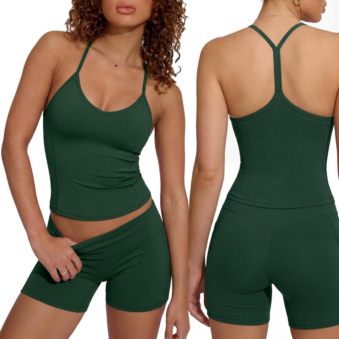 SUUKSESS Women Sexy Workout Sets Padded Sports Bra High Waisted Shorts Outfits (Small, 06 Dark Green)