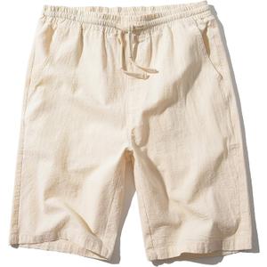 SIR7 Men's Linen Casual Classic Fit 11 Inch Inseam Elastic Waist Shorts with Drawstring (XL, Beige)