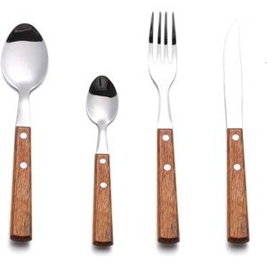 Forks and Spoons Silverware Set, HAPPY KIT Wooden Handle Flatware Set 8-Piece (2 Sets) 18/8 Stainless Steel Cutlery Set Wooden Spoons Dinner Knife Dinner Fork and Spoon Set