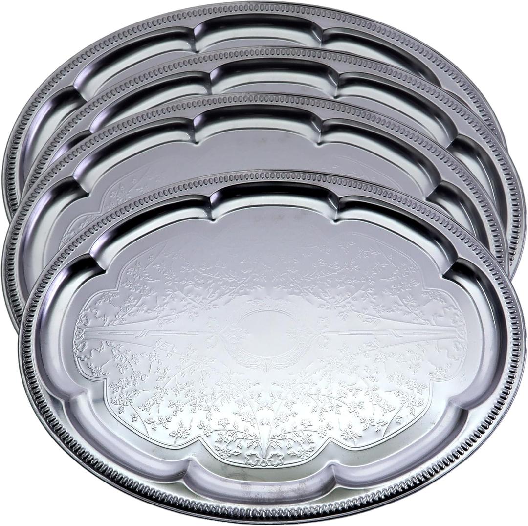 (Pack of 4) 18.1 inch x 13.8 inch Traditional Oval Floral Pattern Engraved Catering Silver Polishing Plated Serving Plate Mirror Tray Platter Metal Tableware Holiday Party Large FST-005