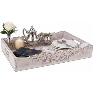 Mela Artisans Distressed White Wooden Decorative Tray with Handles | 16x12x2.5 Mango Wood Ottoman Tray | for Kitchen Countertop | Coffee Table | Snacks | Desserts | Breads | Bedroom Decor