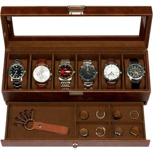 Watch Box, 6 Compartment Watch Display Box with Drawers, Men's Watch Box with Glass Lid, 2 Tier Jewelry and Watch Organizer, Unisex Watch Rack Organizer