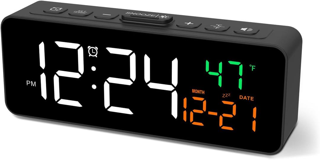 Netzu 3-in-1 Digital Clocks for Living Room with Temperature, Date & Time Display - 4 Levels Birghtness, 3 Volumes, Small & Compact Plug-in Alarm Clock for Bedroom, Office (Black)