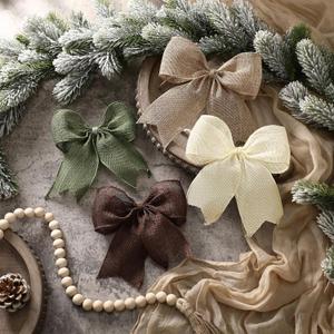 24 Pcs Burlap Christmas Bows Decoration 5.9 Inch Christmas Tree Rustic Ornament Natural Burlap Ribbon Bow Knot for Xmas Tree Wreath Holiday Party Decorations (Neutral)